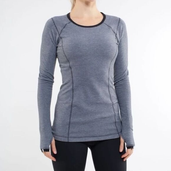 Lululemon Run: Turn Around Long Sleeve Deep Coal/Gray Stripe Size 8 - Picture 1 of 7